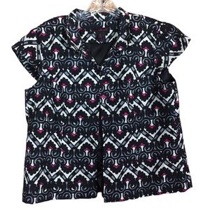 Willi Smith Silk Geometric Baroque Pattern 3-Button CapSleeve Top Size Small Blk